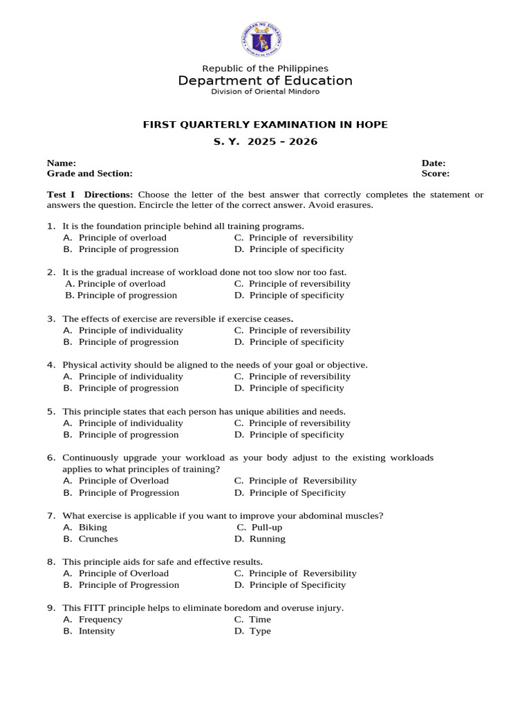 First Quarter HOPE Exam 2025-2026 | PDF | Hyperthermia | Heart Rate