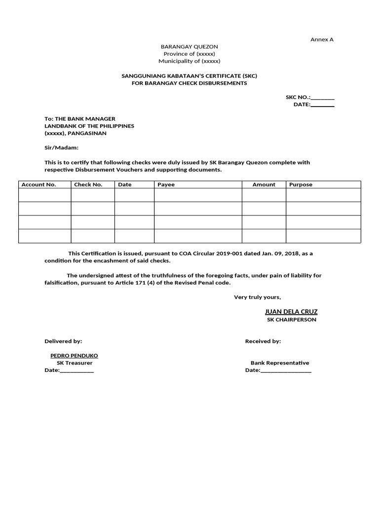 SK Certificate for Barangay Check Disbursements | PDF