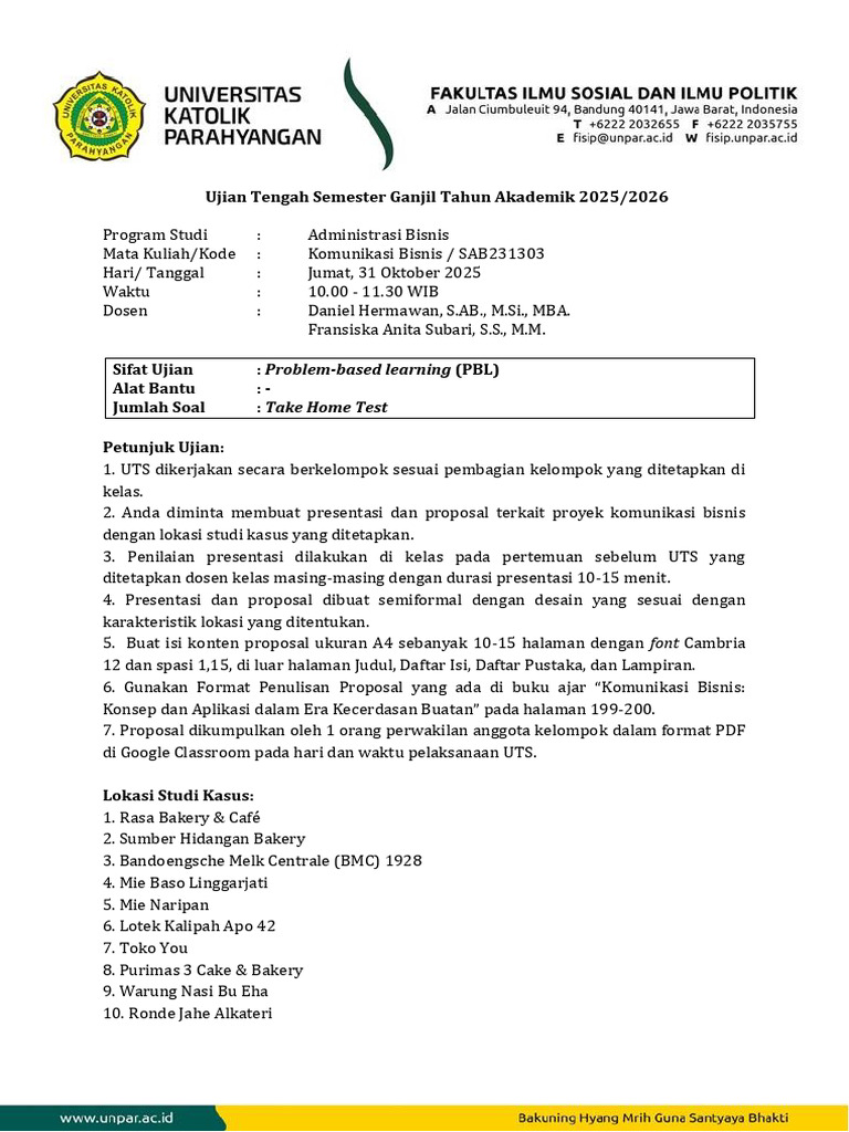 UTS Komunikasi Bisnis: Proposal PBL 2025 | PDF