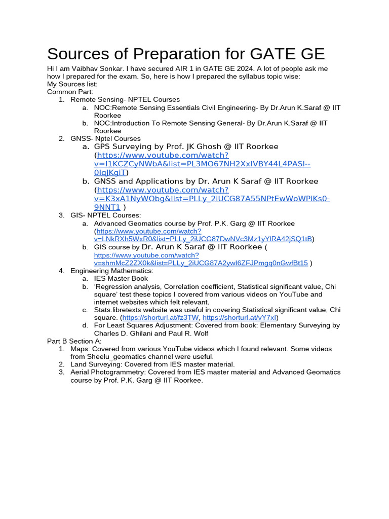 Sources of Preparation For GATE GE | PDF