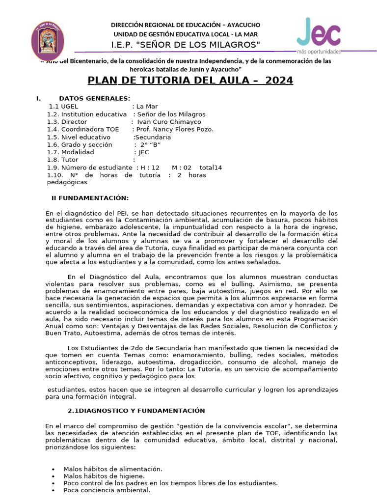 Plan de Tutorial 2° B 2024 | PDF | Autoestima | La sexualidad humana