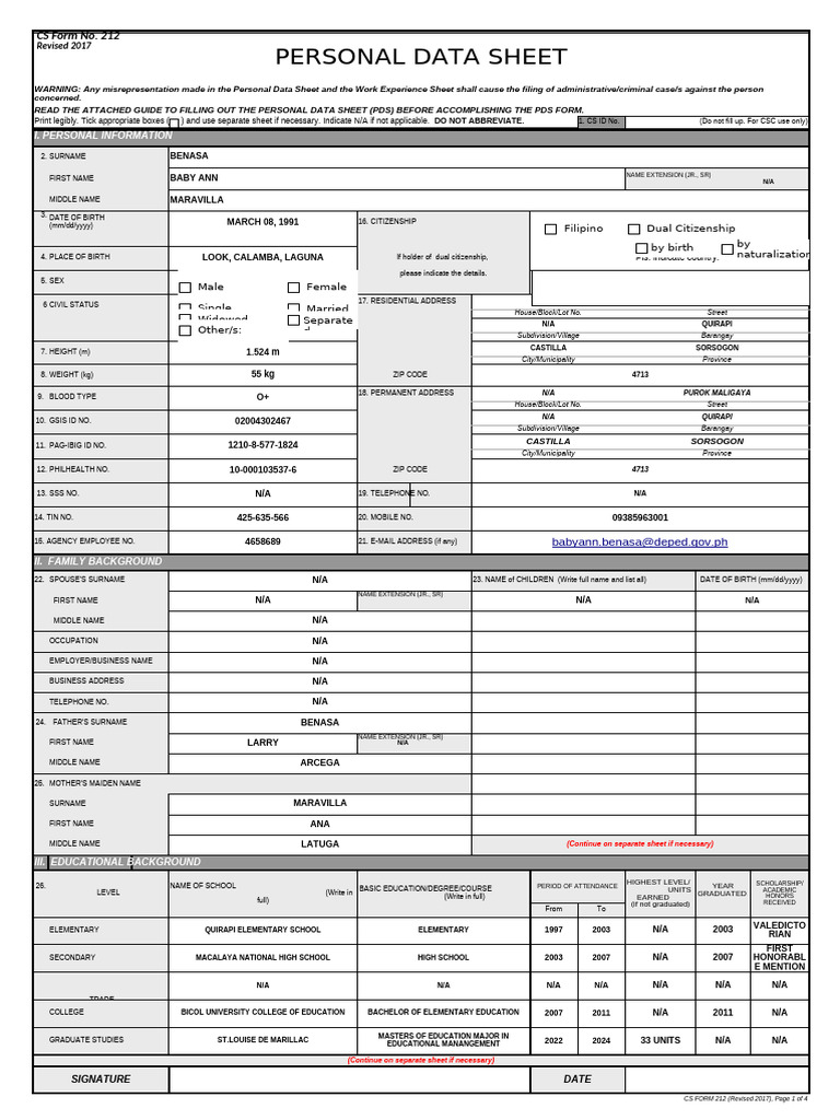Personal Data Sheet Template | PDF | Government | Justice