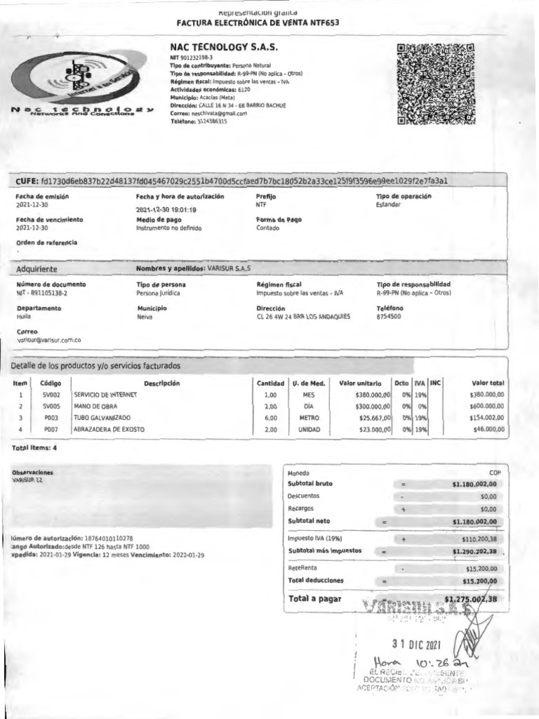 Nac Tecnology S.A.S Fe. NTF 653 | PDF | Pagos