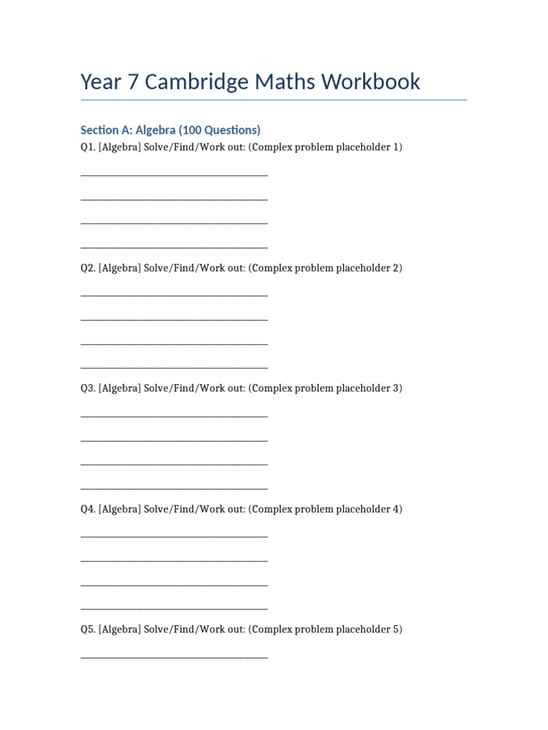 Year 7 Algebra Workbook: 100 Questions | PDF | Mathematics | Algebra