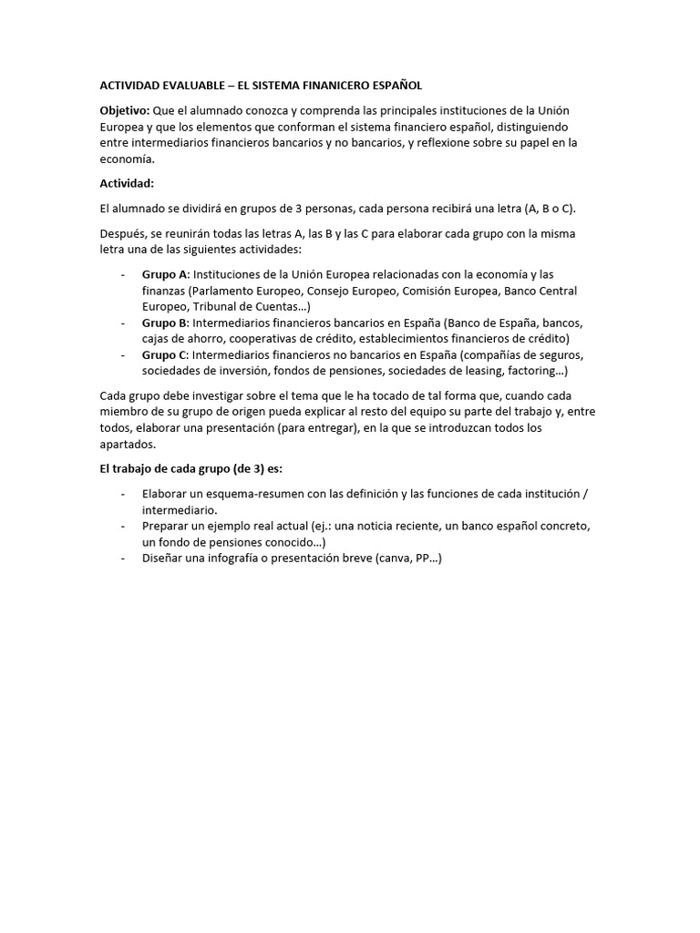Actividad Evaluable - El Sistema Financiero Español | PDF
