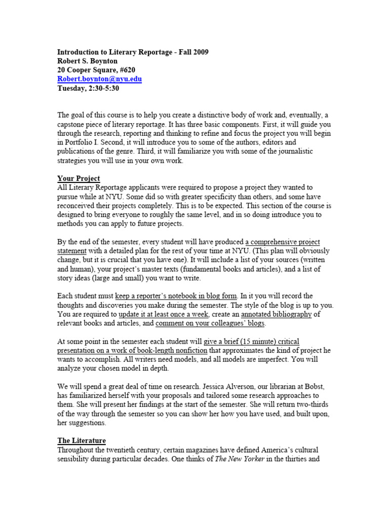 Introduction To Literary Reportage - Fall 2009 Robert S. Boynton 20 ...