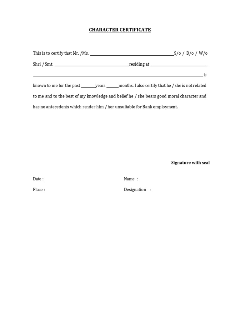 Character Certificate Format for Banks | PDF