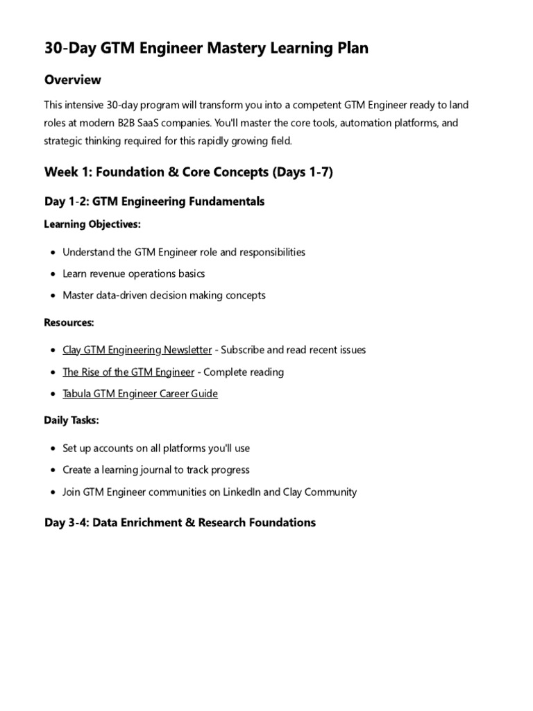 30-Day GTM Engineer Mastery Learning Plan | PDF