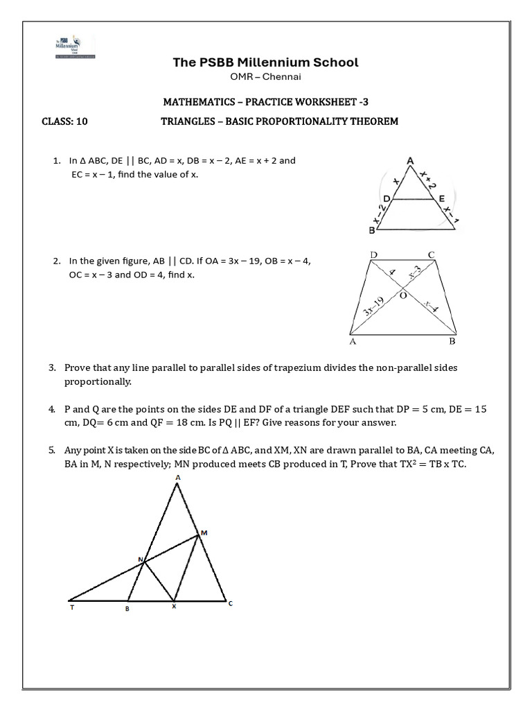 Class 10 Math: Triangles Proportionality Worksheet | PDF