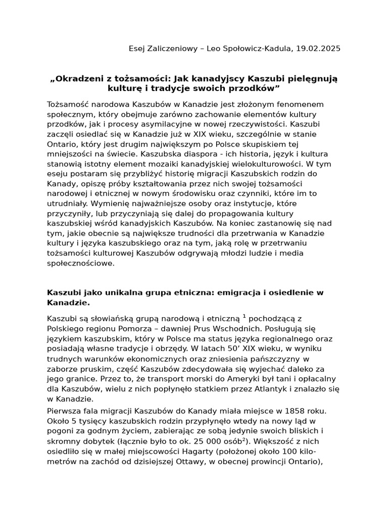Esej Tożsamość Kaszubów - Leo | PDF