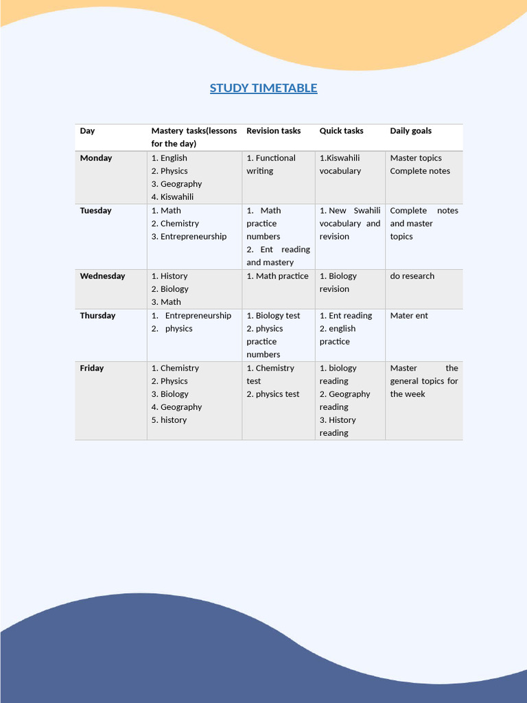 Study Timetable 11 | PDF