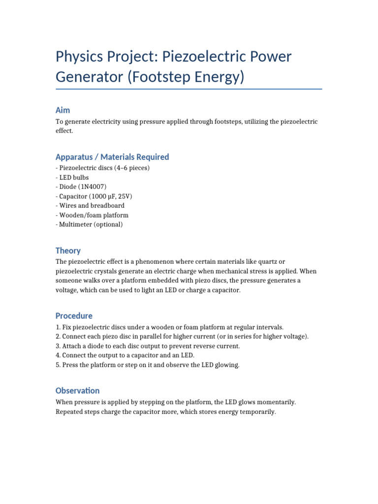 Piezoelectric Footstep Energy Generator | PDF