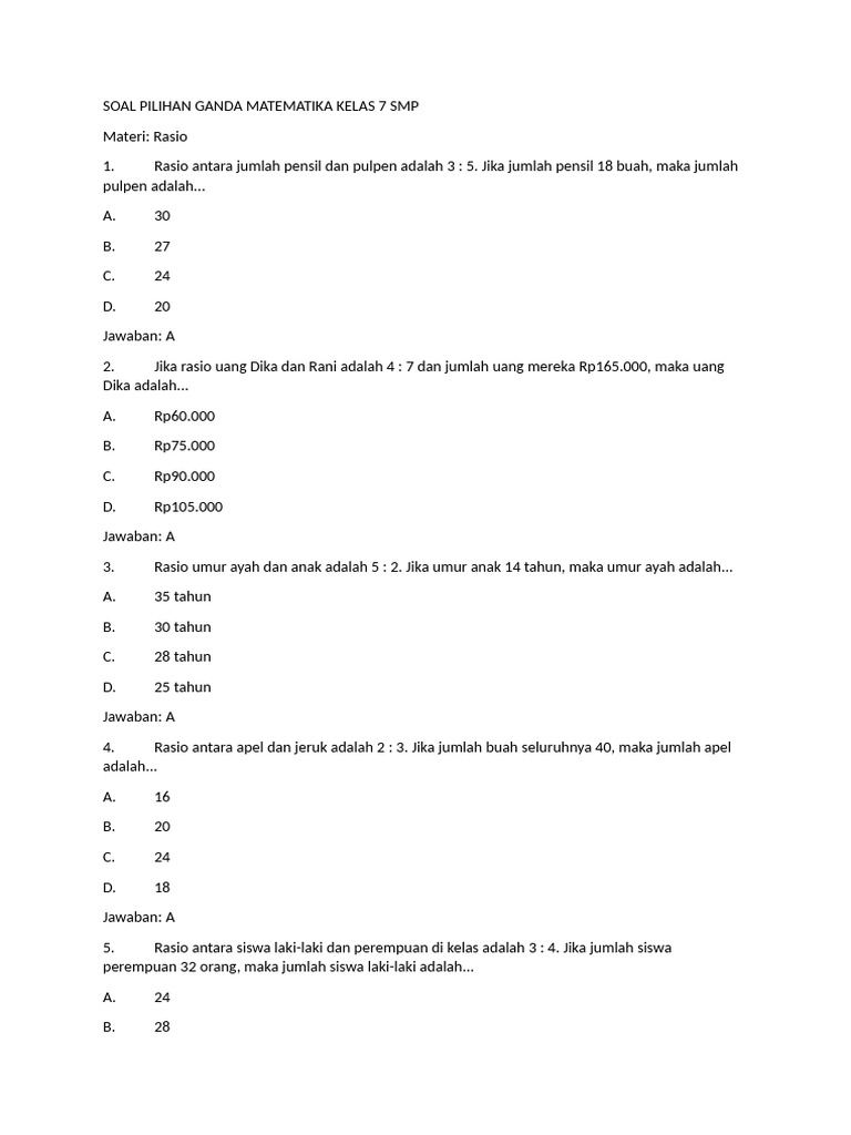 Soal Rasio Matematika Kelas 7 SMP | PDF
