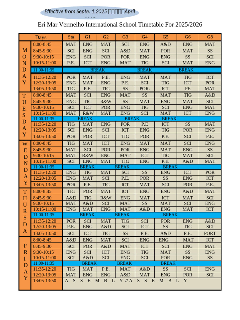 Eri Mar Vermelho School Timetable 2025-26 | PDF