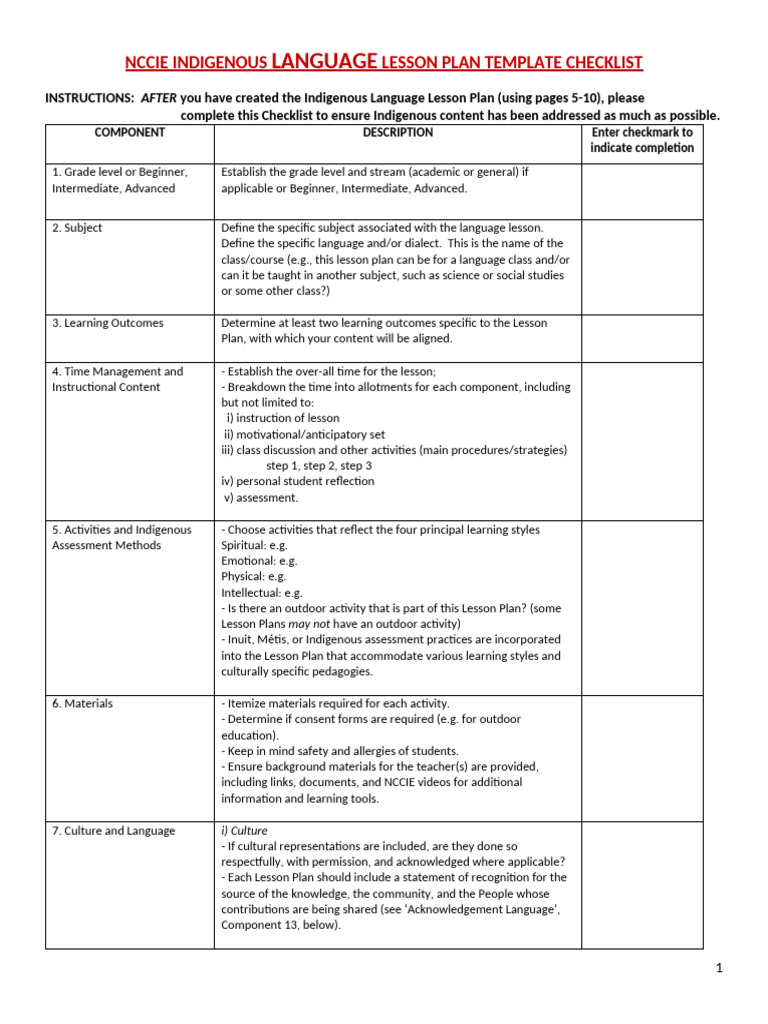 Indigenous Language Lesson Plan Checklist | PDF | Learning Styles ...