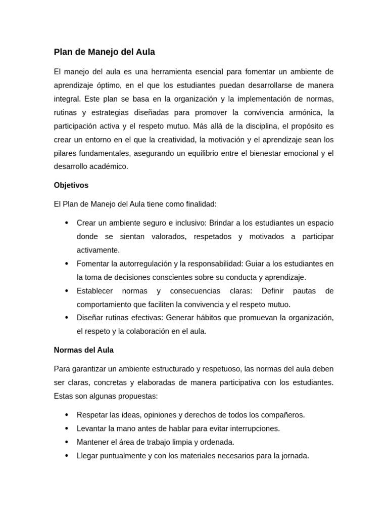 Plan de Manejo del Aula Efectivo | PDF | Evaluación | Salón de clases