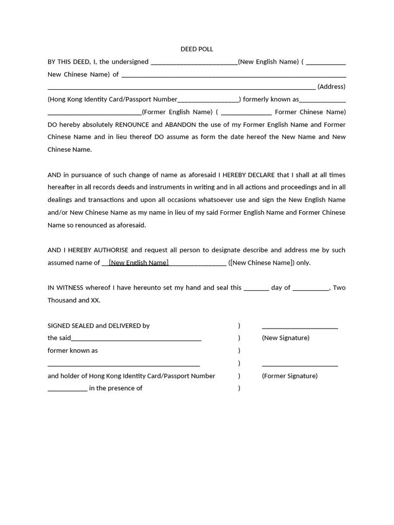 Hong Kong Deed Poll Template | PDF