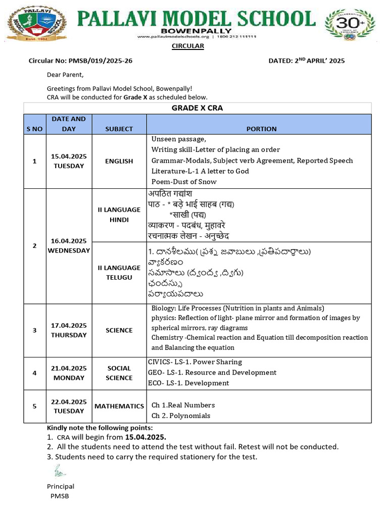 Grade X CRA Schedule and Guidelines | PDF