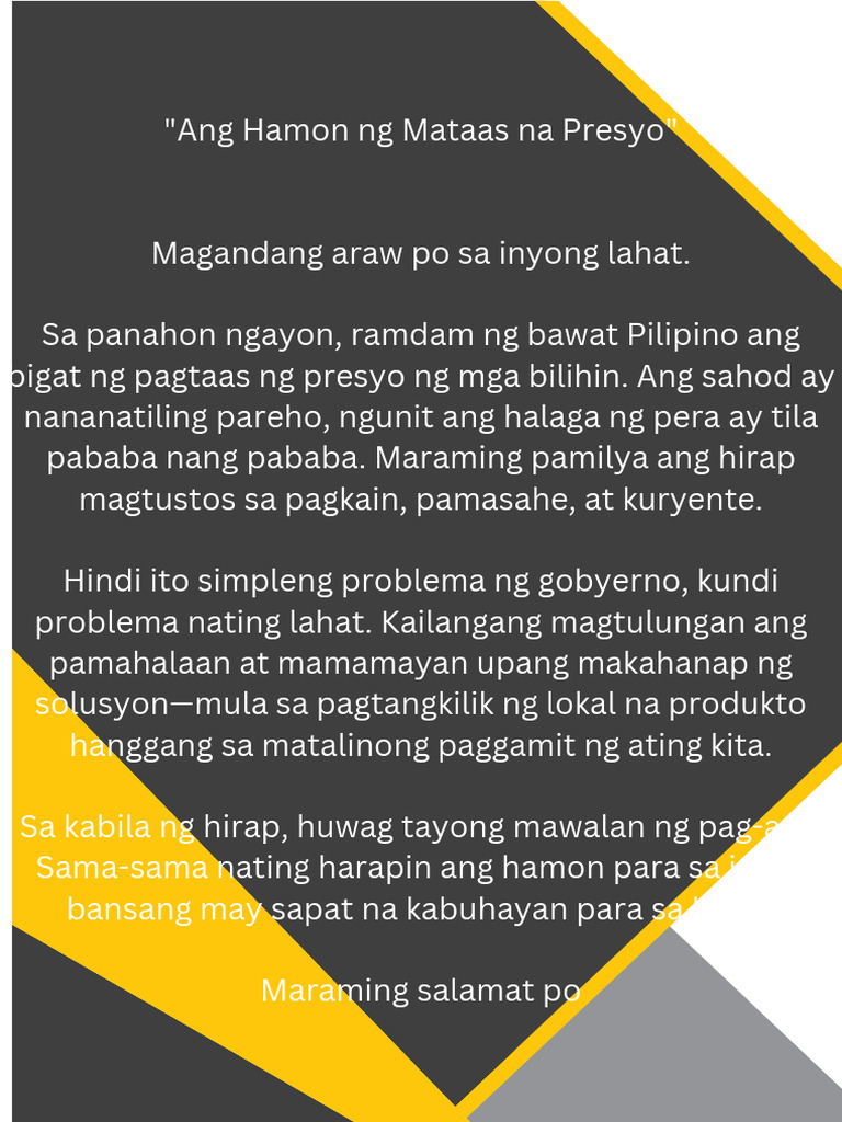 Talumpati Ang Hamon NG Mataas Na Presyo 20251009 085254 0000 | PDF