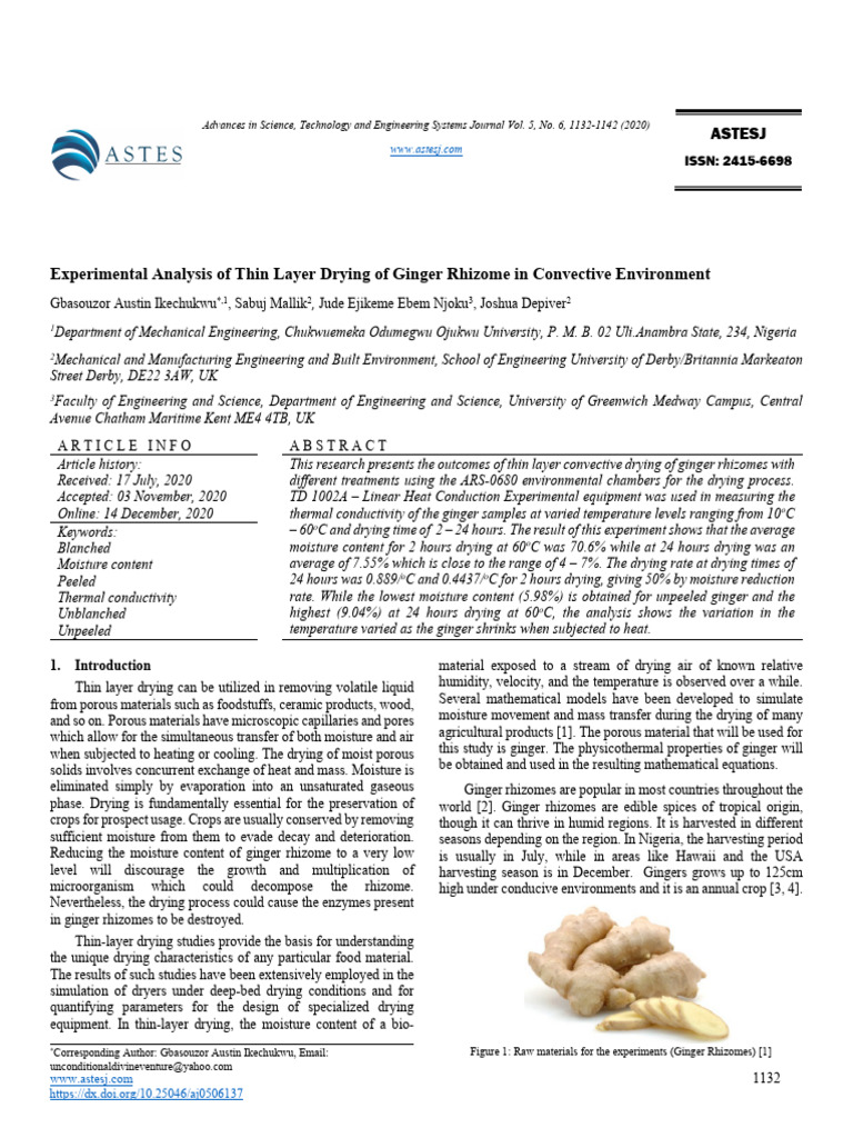 Thin Layer Drying of Ginger Rhizomes | PDF | Ginger | Humidity