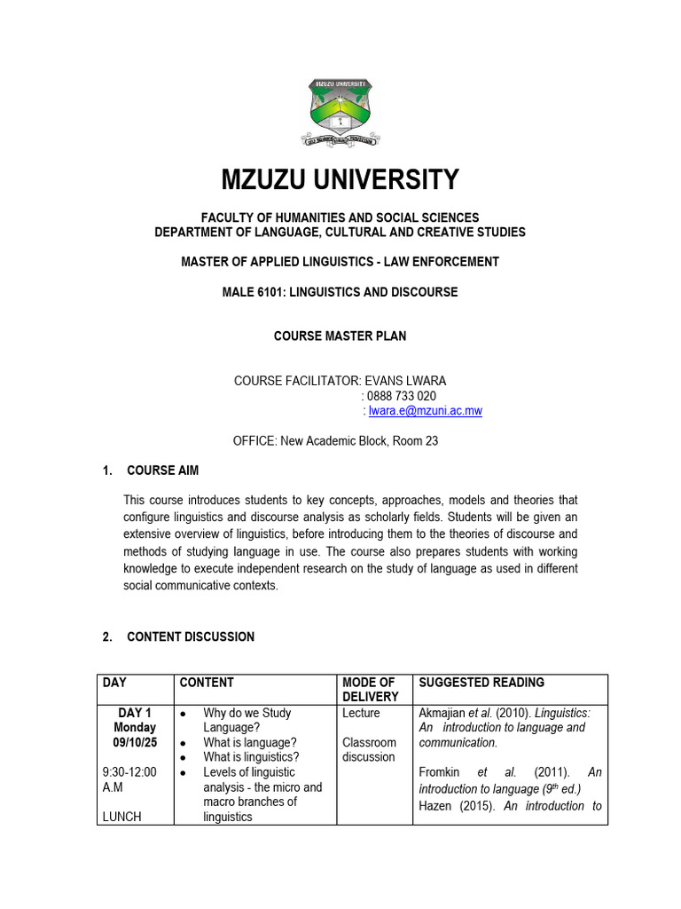 Male 6101 - Course Master Plan | PDF | Linguistics | Discourse