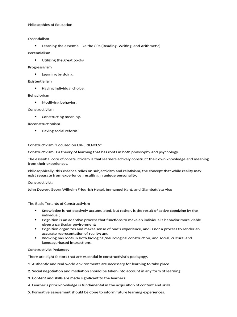 Key Educational Philosophies Explained | PDF | Constructivism ...