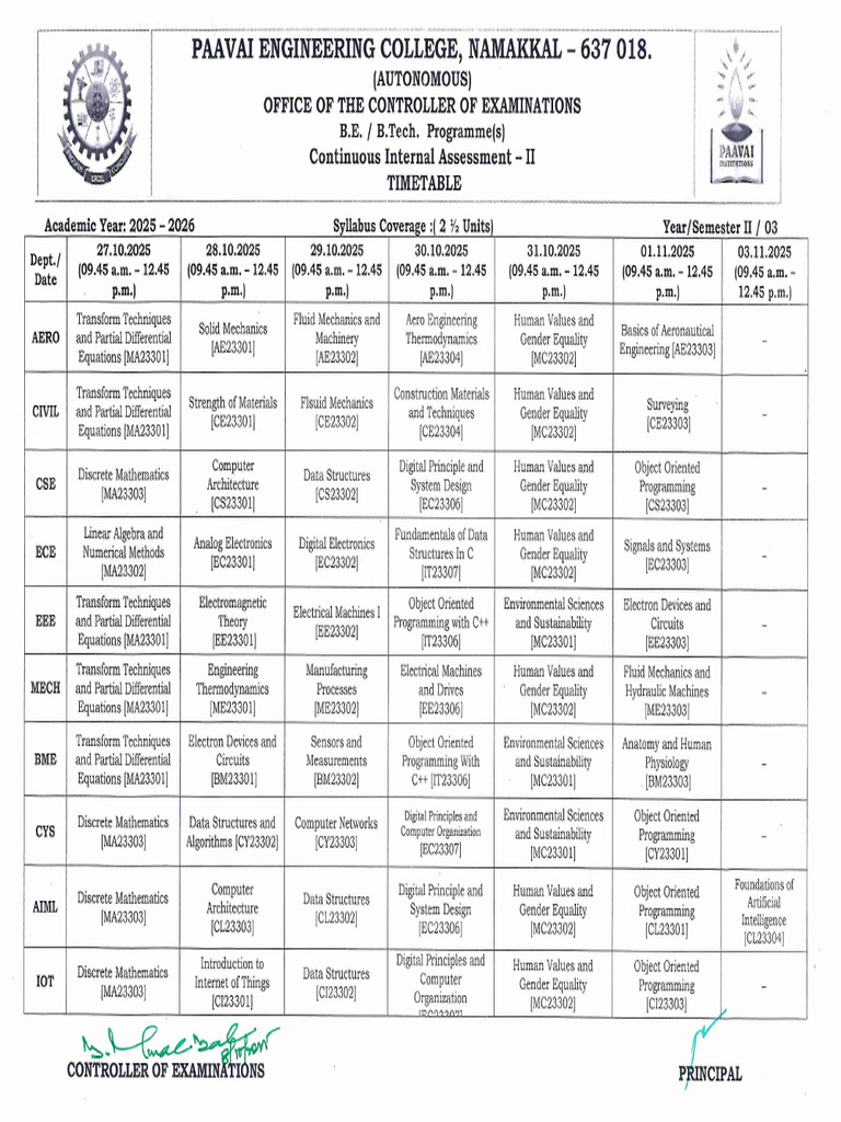 CIA 2 Time Table II Yr | PDF