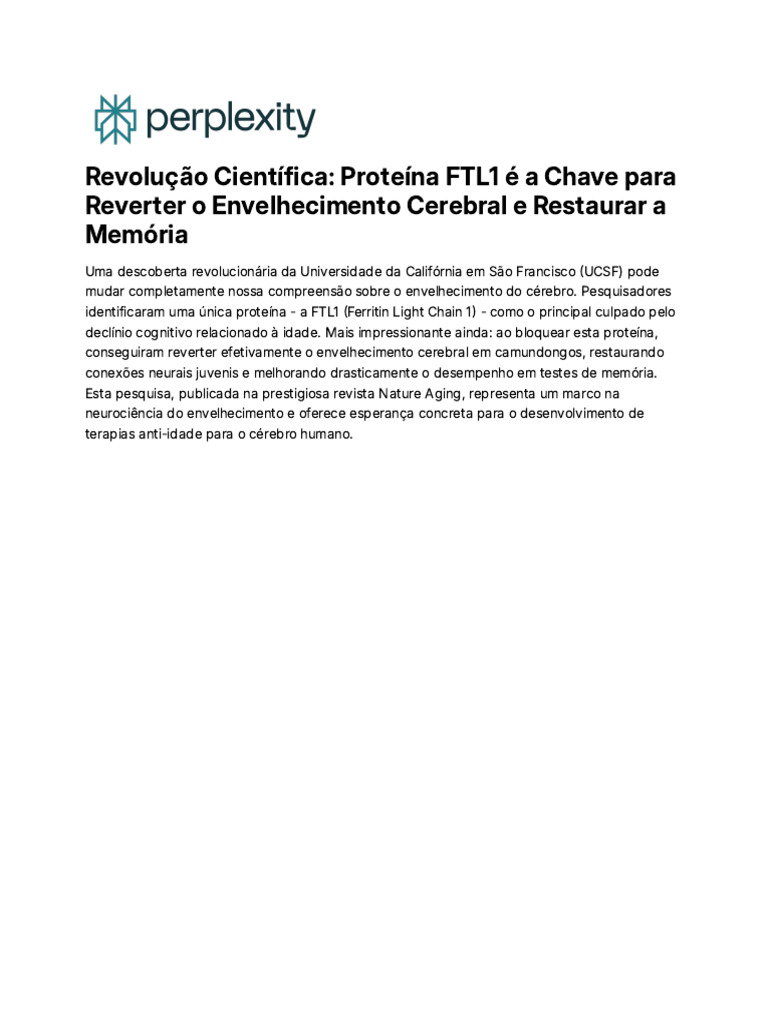 Proteína FTL1: Revolução no Envelhecimento Cerebral | PDF ...
