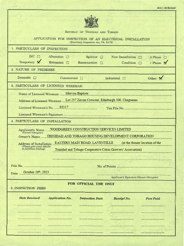 Application For Inspection Electrical Mervyn | PDF