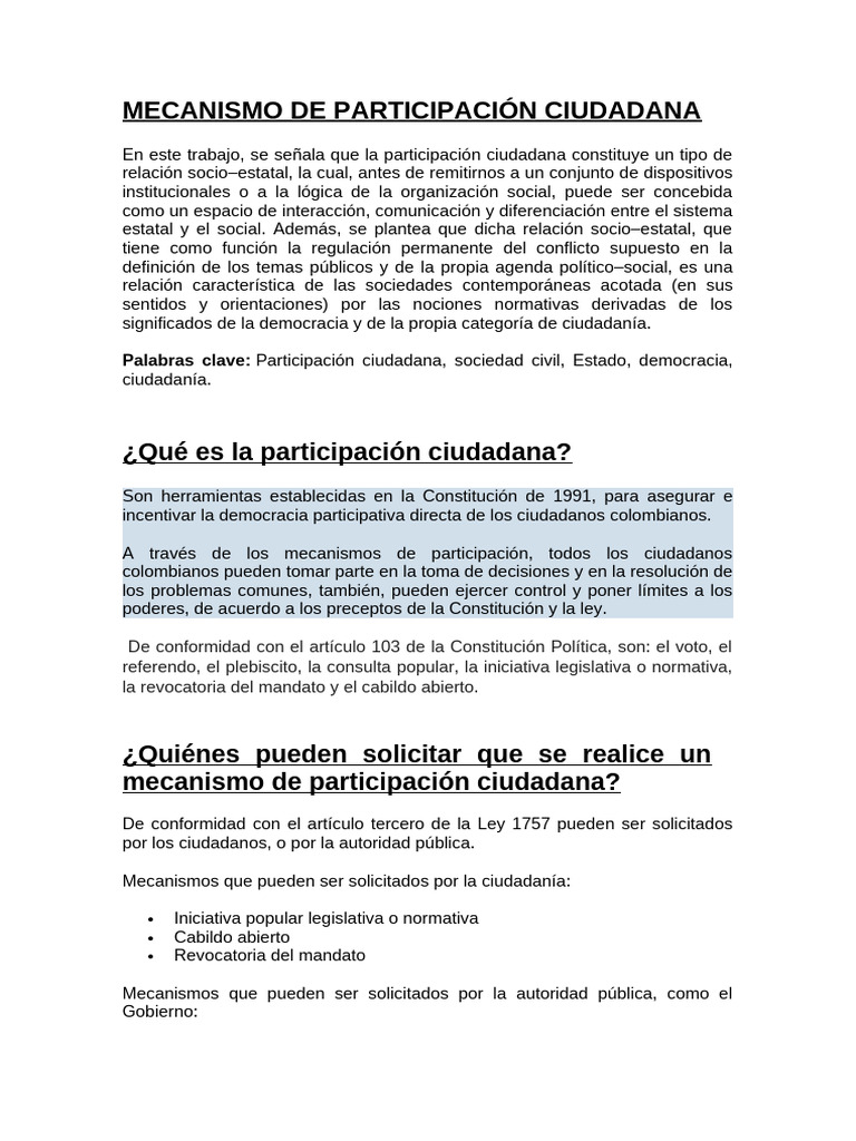 Mecanismos de Participación Ciudadana en Colombia | PDF | Estado ...