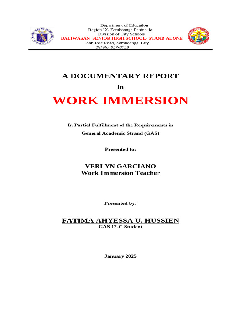 Work Immersion Report for GAS Students | PDF