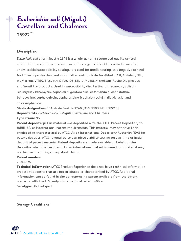 ATCC 25922: E. coli Control Strain | PDF | Atcc (Company) | Microbiology