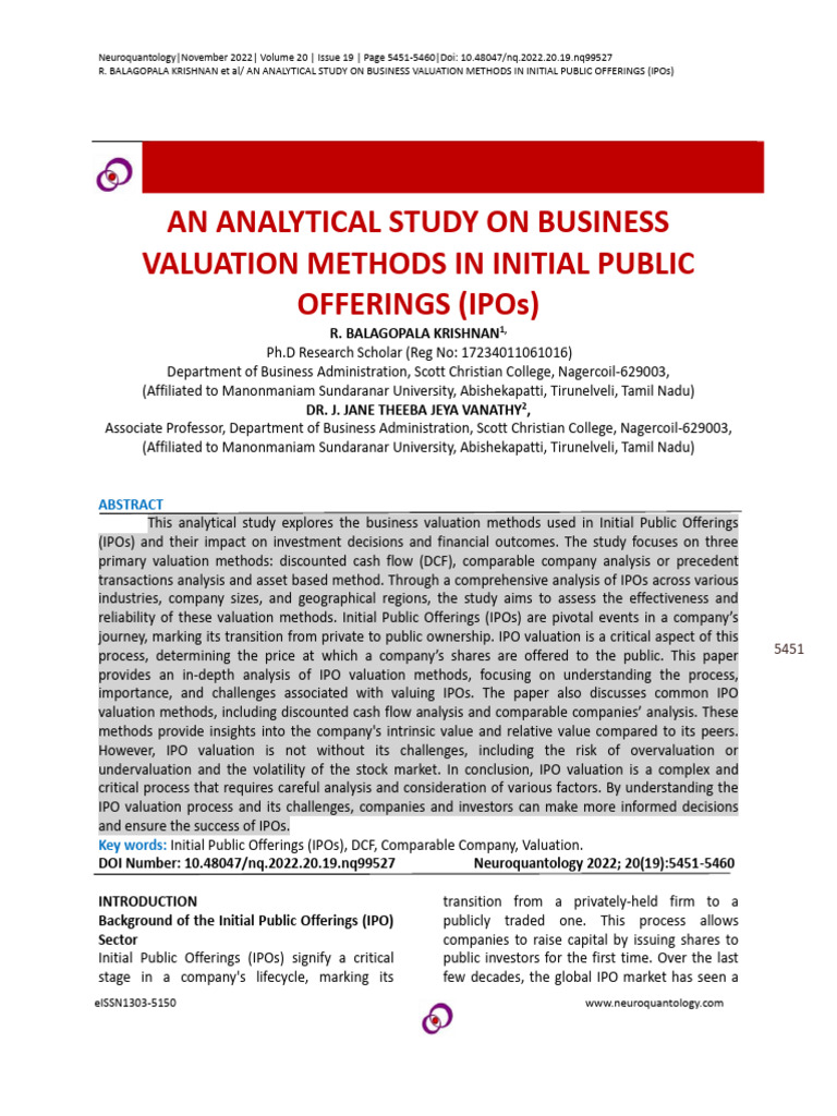 IPO Valuation Methods Analysis | PDF | Discounted Cash Flow | Valuation ...