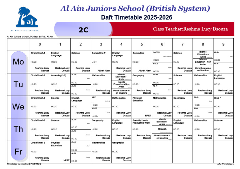 Al Ain Juniors School Timetable 2025-2026 | PDF | Science | Religious ...