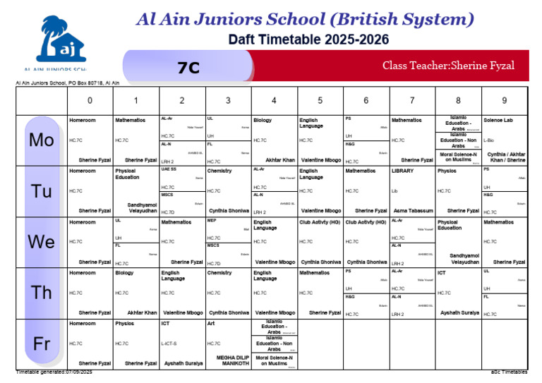 Al Ain Juniors School 7C Timetable 2025-2026 | PDF