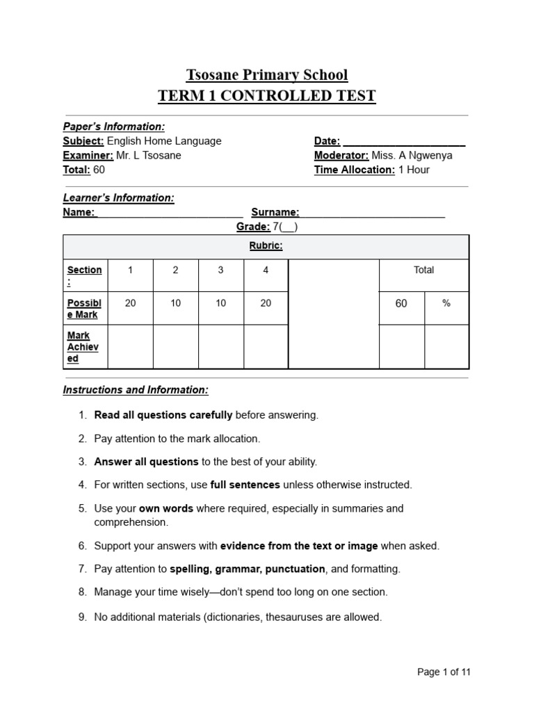 Term 1 English Test for Grade 7 Students | PDF | Subject (Grammar ...