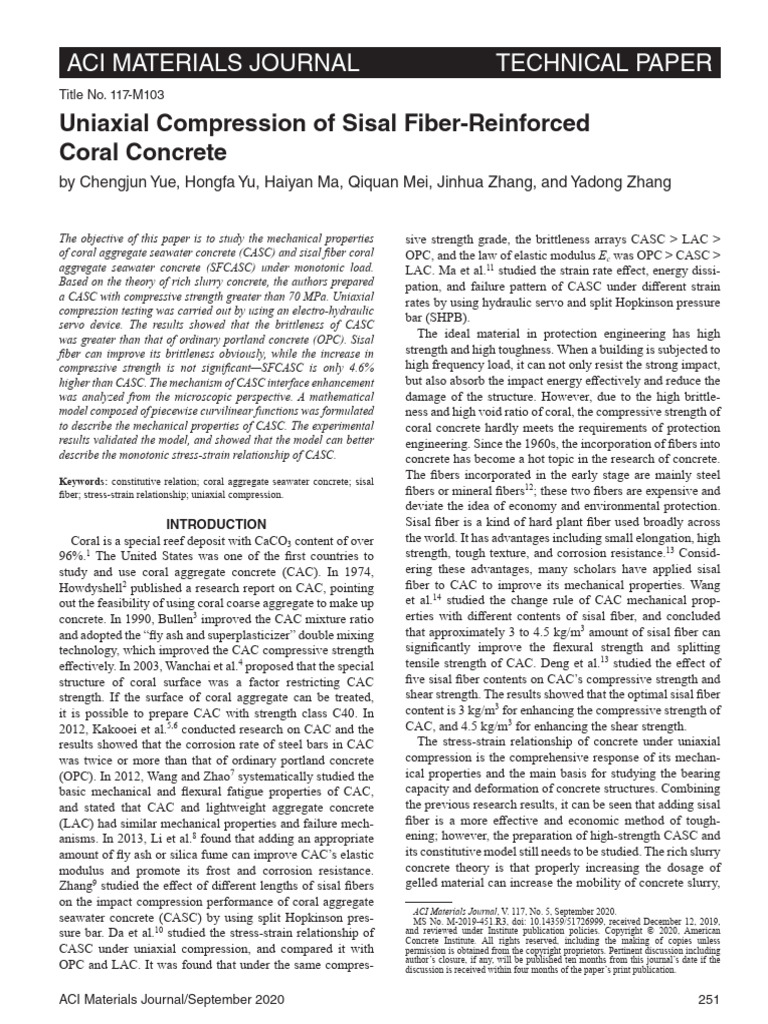 Uniaxial Compression of Sisal Fiber-Reinforced Coral Concrete | PDF ...
