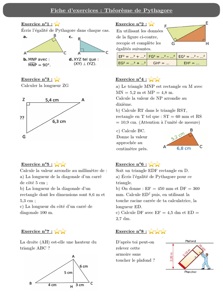 Exercices sur le théorème de Pythagore | PDF | Géométrie euclidienne ...