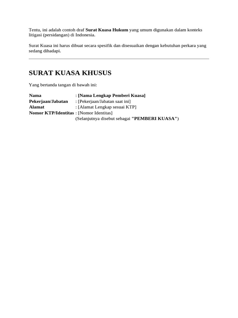 Contoh Surat Kuasa Hukum Indonesia | PDF