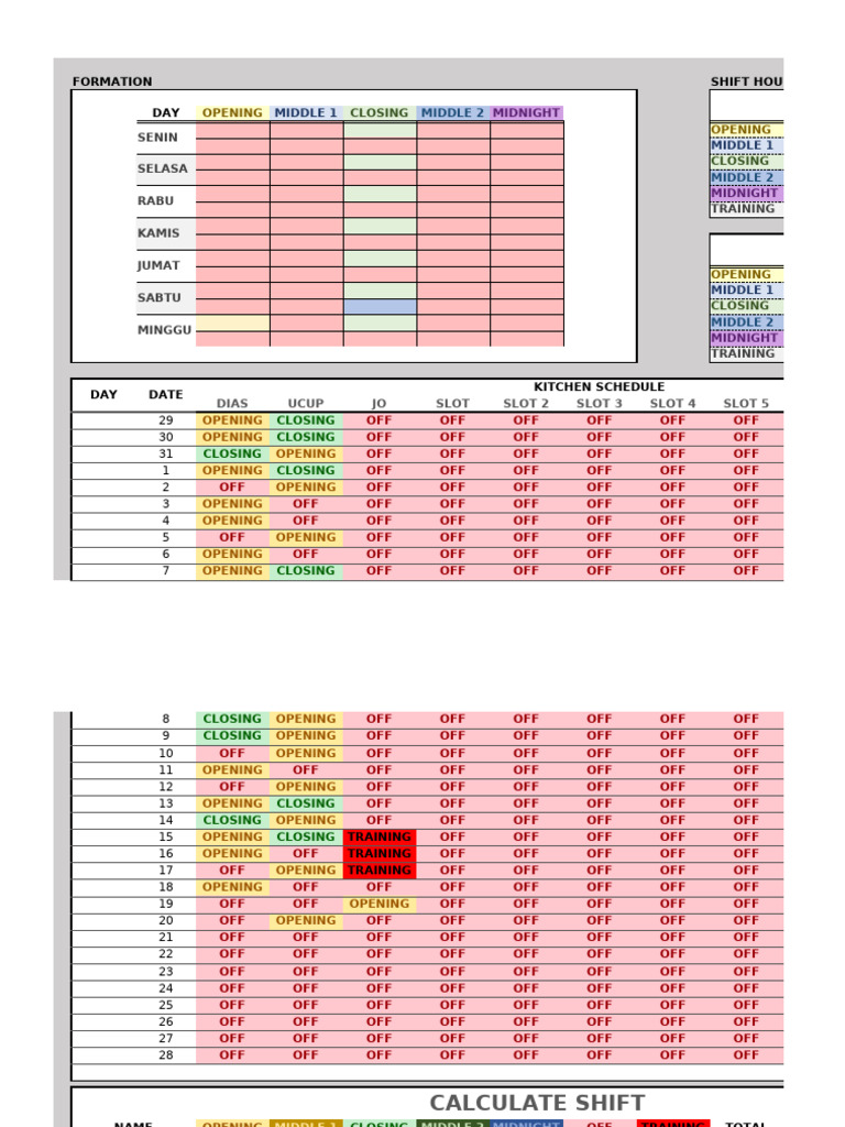 Weekly Kitchen Shift Schedule | PDF | Working Time | Weekly Events