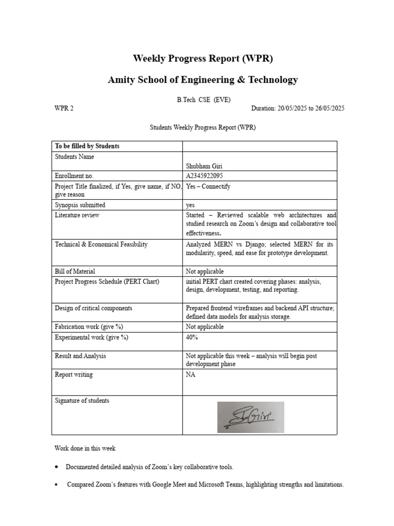 Weekly Progress Report (WPR) Amity School of Engineering & Technology ...