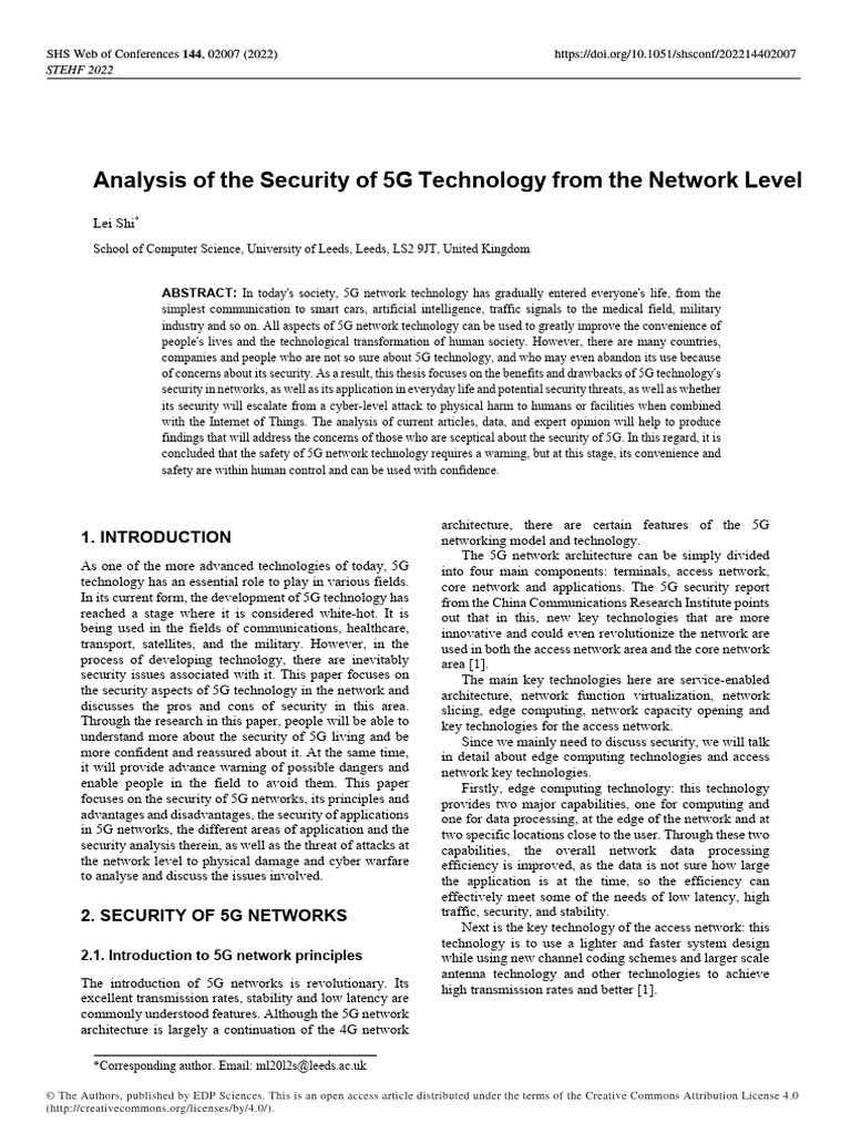 Analysis of The Security of 5G Technology From The Network Level | PDF ...