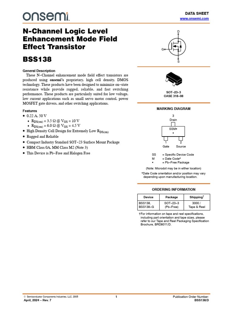 Onsemi - BSS138 Mosfet, 2005 | PDF | Mosfet | Field Effect Transistor