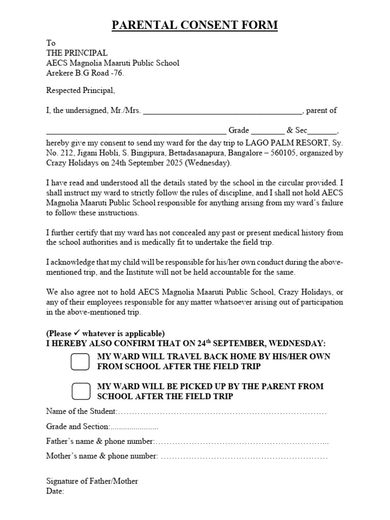 Parental Consent Form for School Trip | PDF