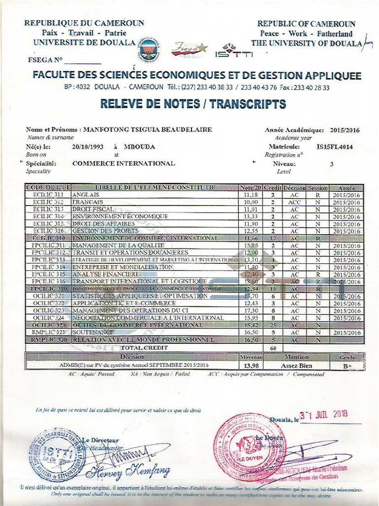 Relevé de Notes Transcripts 1 | PDF