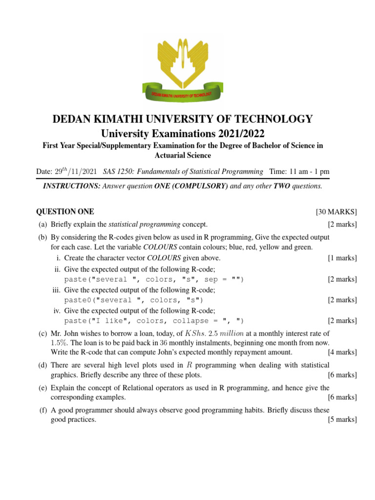 Statistical Programming Exam Guide | PDF | Standard Deviation | Applied ...