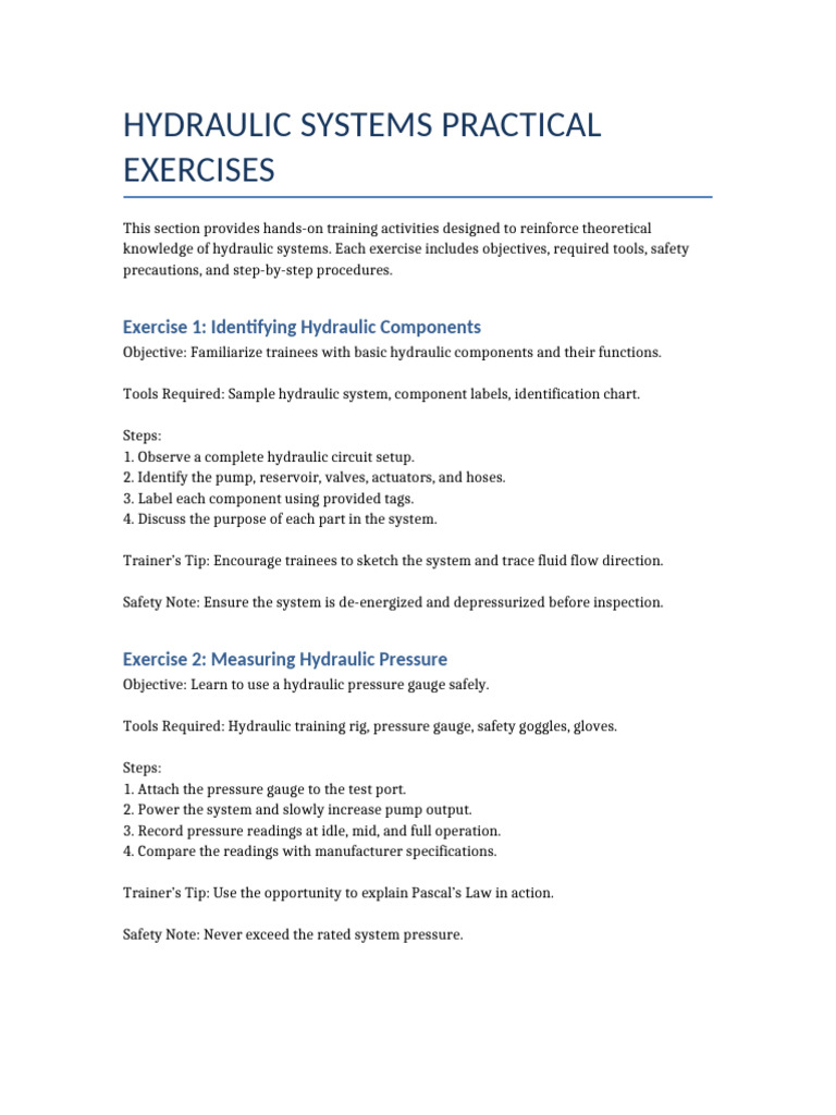 Hydraulic Systems Practical Exercises Guide | PDF | Valve | Pump