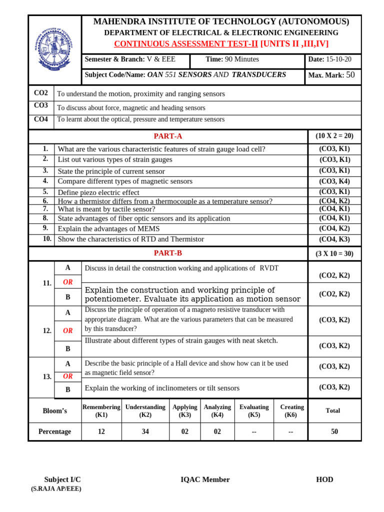 III YEAR EEE Sensor and Transducers QP Final | PDF | Sensor | Measuring ...