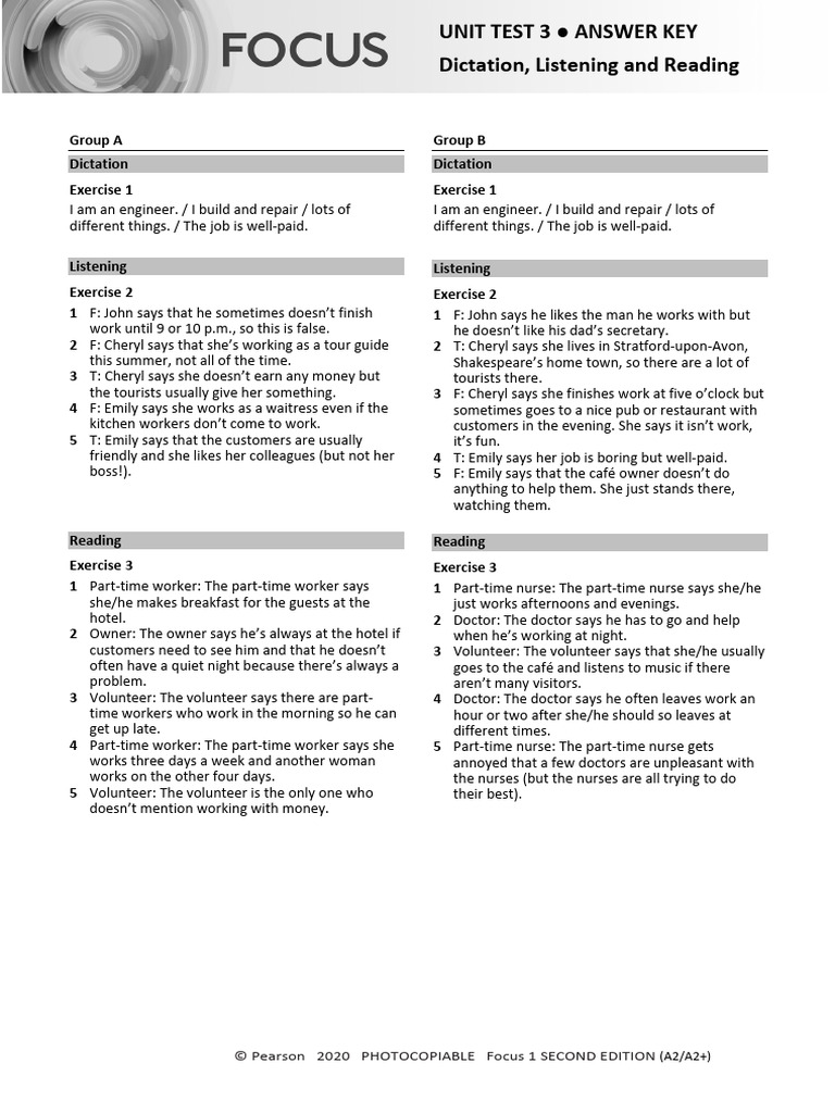 Focus 1 Unit Test 3 Answer Key | PDF