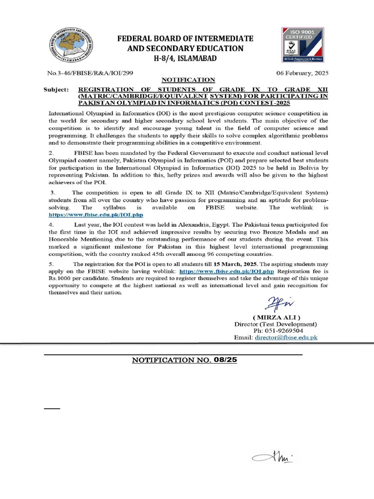 Notification No. 08.25 10th To 12th Grade Olympad Contest 2025 | PDF